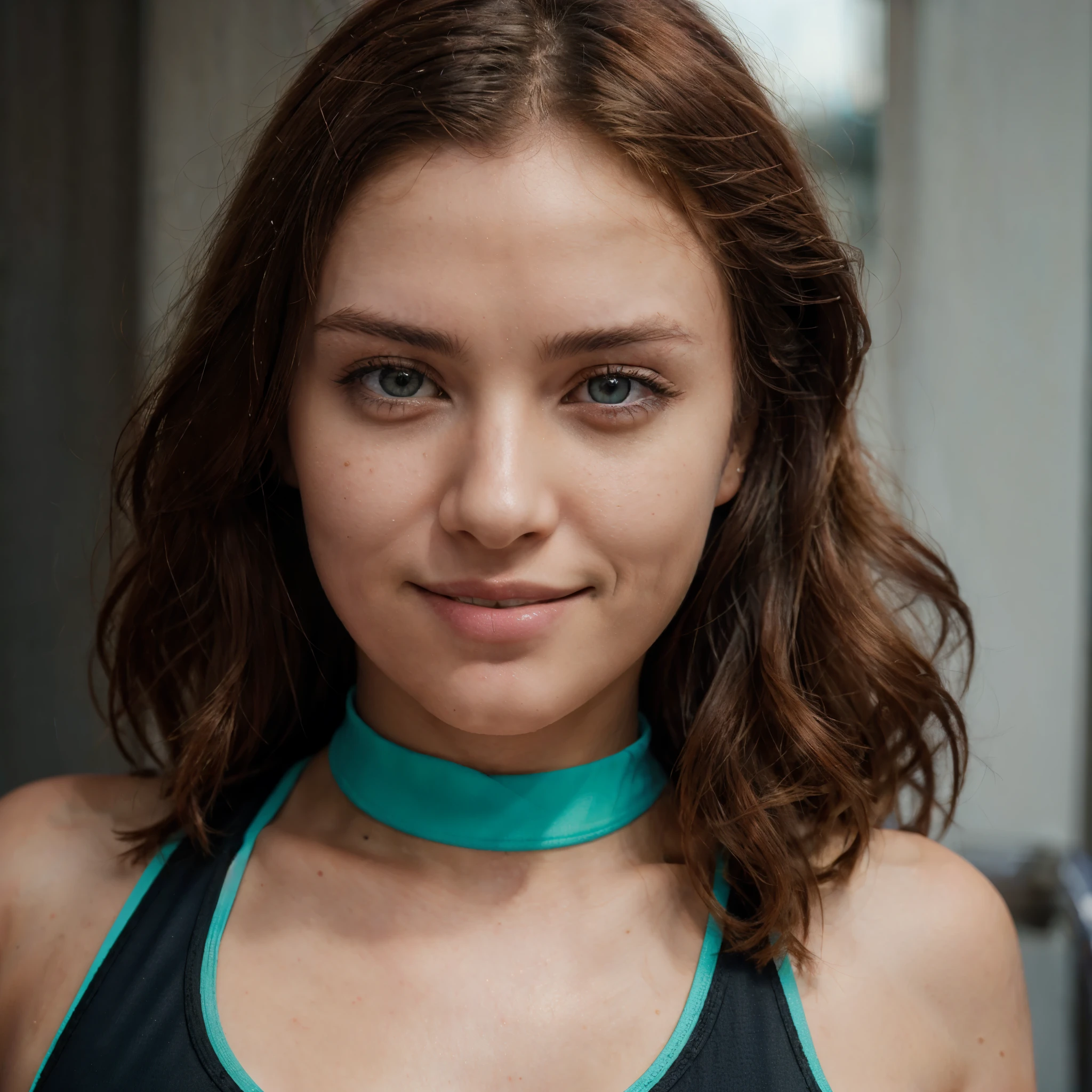 RAW uhd portrait of 24-year-old blonde close-up, Natural red hair, castles, Wavy, (brown-eyed woman) A beautiful young woman with redhair wavy hair wearing a gym crop top and tight gym leggings, curvy, smiling looking straight at the camera standing in a gym, teal colour (cutout), Detailed (textures!, Hair!, brightness, Color!, imperfections:1.1), High detail of light eyes, (looking at the camera), specular lighting, dslr, ultra quality, sharp-focus, Sharp, Depth of field, Film grain, (centered), Fujifilm XT3, Crystal clear, The center of the frame, cute face, sharp-focus, bokeh, (dimly lit), Low key, in day, (day sky).