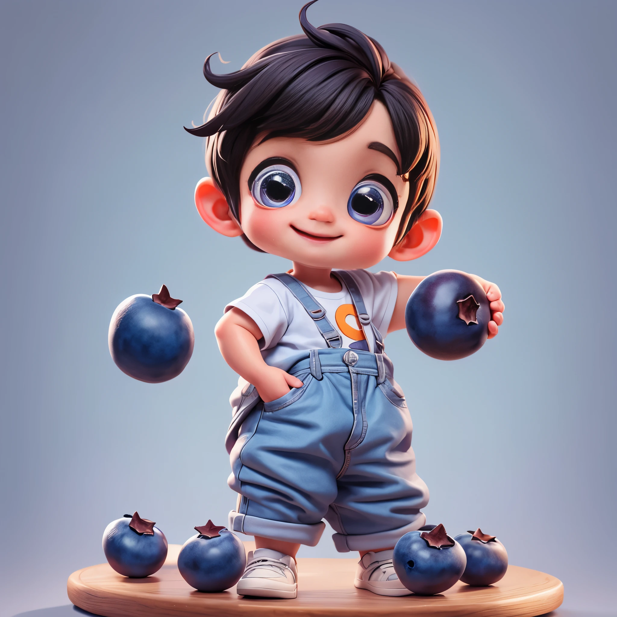 a cute little boy，holding some blueberries in hand，front view, Pixar style, best quality, masterpiece, very cute, big eyes, happy，