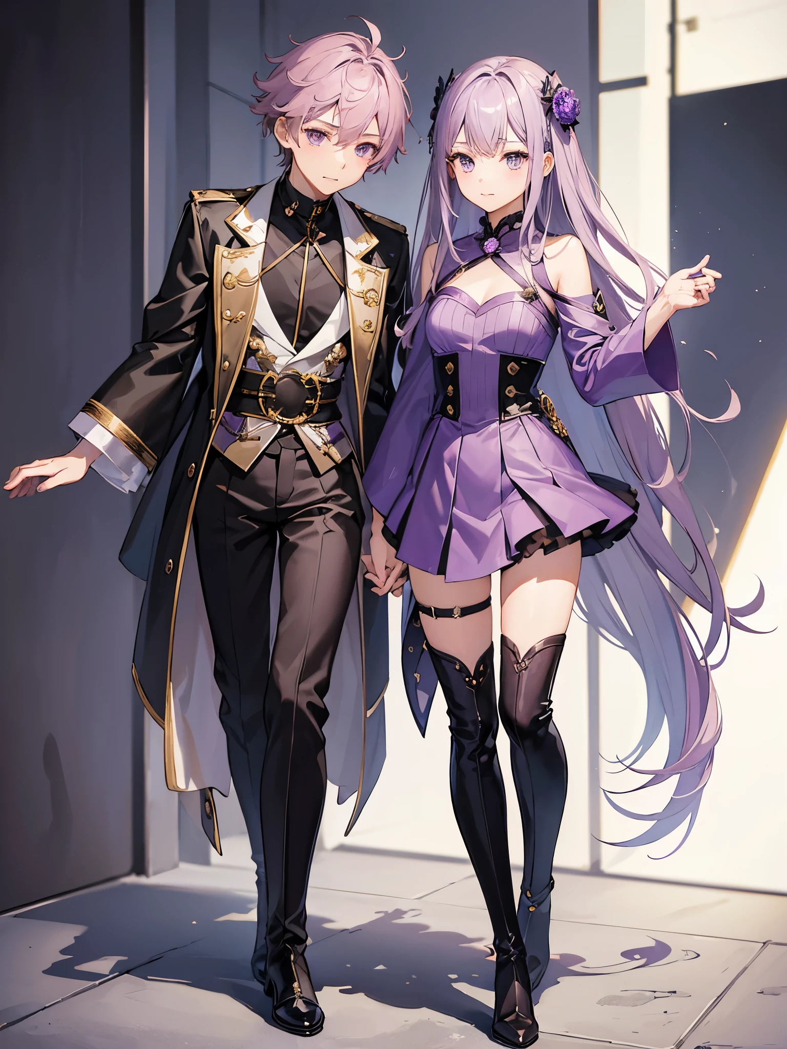 1boy, mauve hair, amethyst eyes, ((full body)), idol, ((crossdressed)), long boots, 美男子, 军服外套, ((单人))