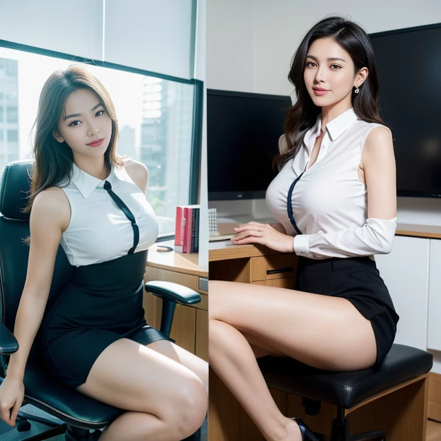 masterpiece, top image quality, high resolution, side-by-side photo, split screen, sitting in a chair, poised and composed, office lady, radiating beauty, captivating smile, alluring legs that go on for miles, elegantly manicured hands, stunningly beautiful and accurate face, backgroundshowcasing an office setting with sleek desks and modern equipment.