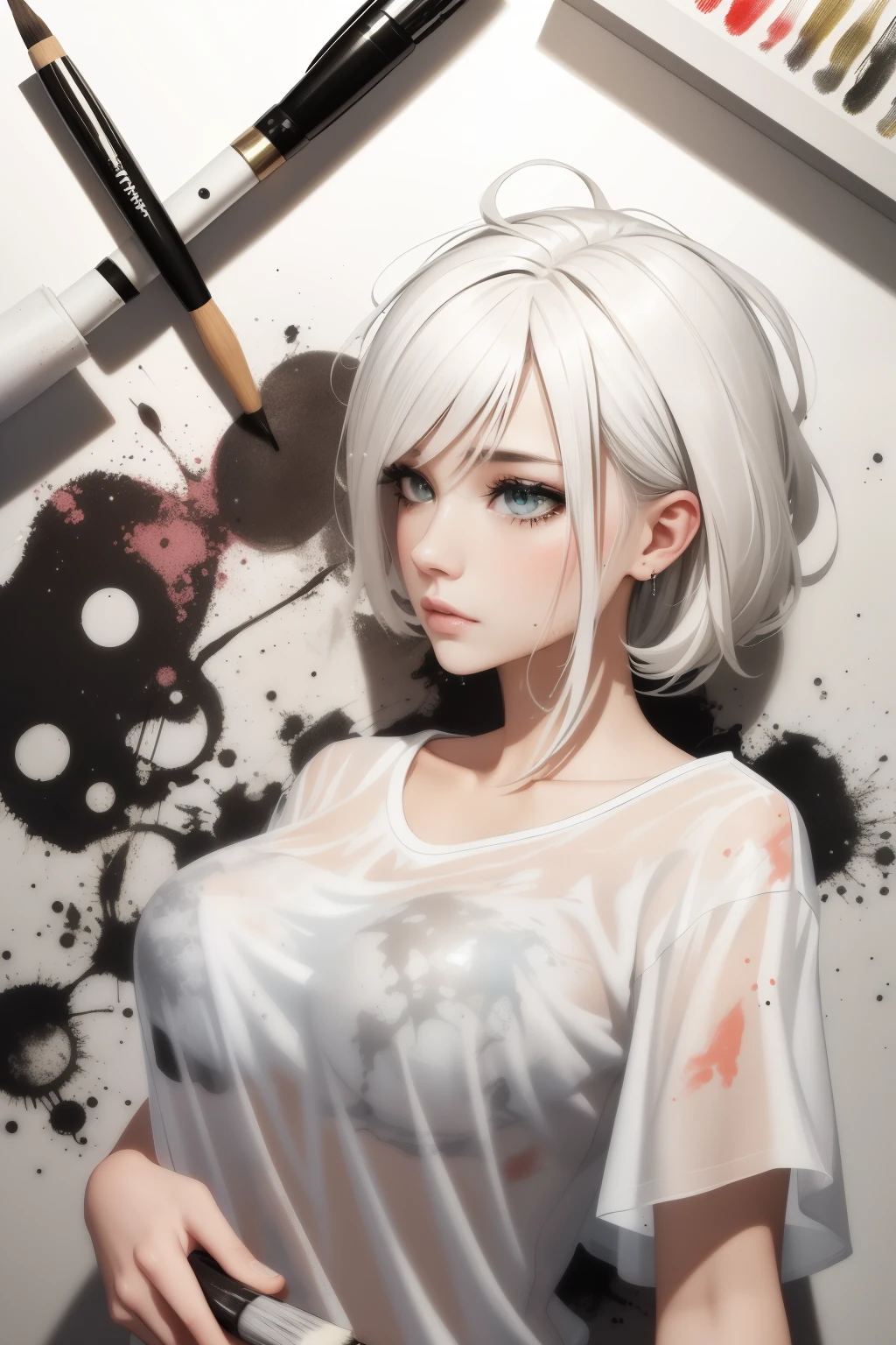 Ink Splatter:
(Surrealistic art、Impressionistic、Abstract、Chaotic、Creative、
(Brush stroke、Splatter technique、Black ink、Messy、Smeared、))
(Canvas or paper、Wet ink、(Mixed media、 unwiped brush、Splash effect、))
Ink Splatter art:
1.4, Ink painting, Artistic expression, Splatter technique:1.2, Abstract art, Messy detail:1.3,
Wet ink brush stroke:1.1, Chaotic and creative:1.4, Brush tip:1.2, Expressive brush, 1woman in (sheer white t-shirts:1.5), gigantic breasts