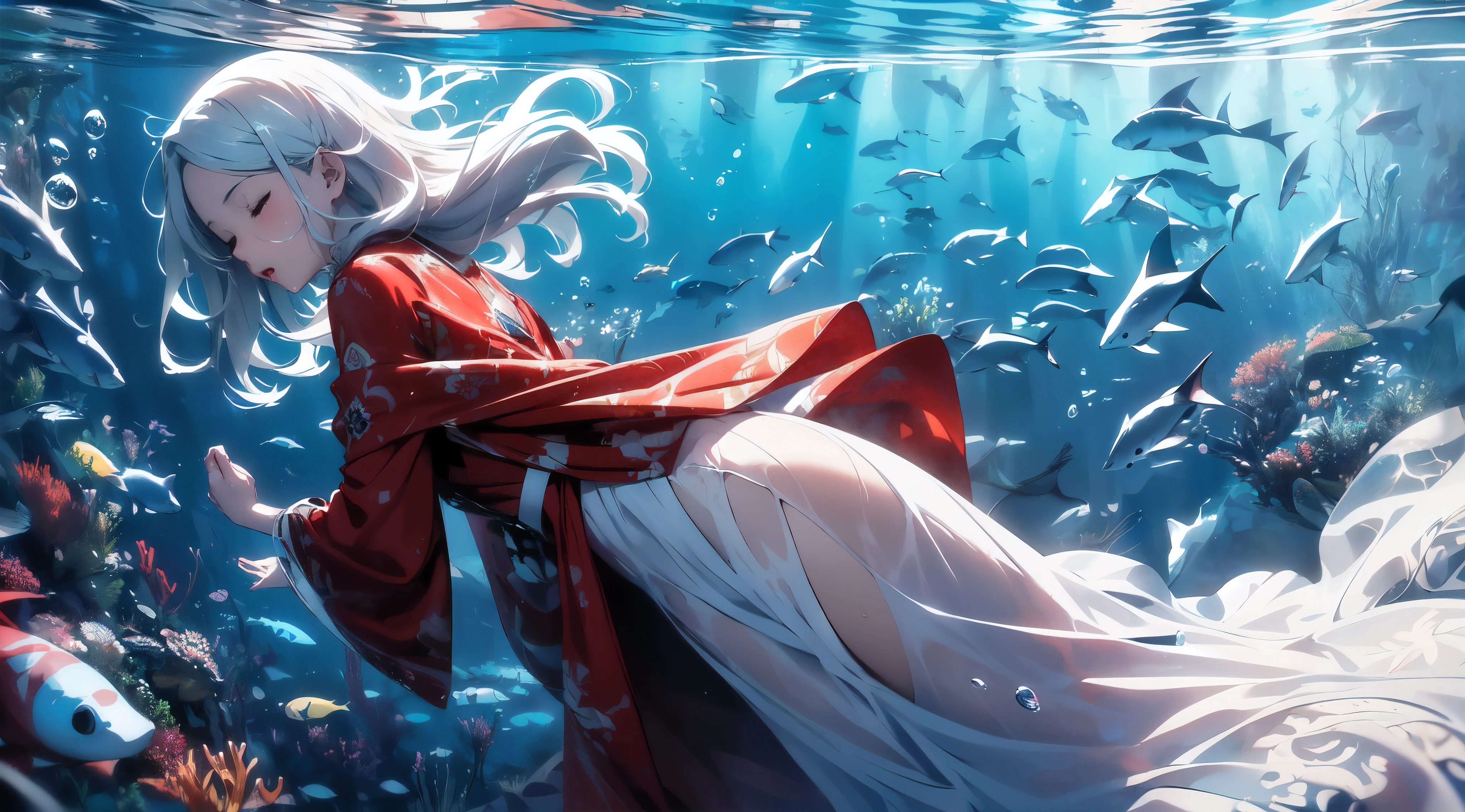 Throw,wallpaper anime blue water, Beautiful fantasy anime, Close-up fantasy of water magic, high definition anime art, Beautiful anime artwork, A beautiful artistic illustration, Beautiful anime art, anime fantasy artwork, HD anime wallpaper, ultra HD anime wallpaper, anime art wallpaper 4k, anime art wallpaper 4k, HD anime wallpaper,(from above, panoramic, view),((best quality)), ((masterpiece)), (detailed),(dynamic view),1 girl in (((wet clothes)),((close eyes)),open mouth, ((Sleepy)), (wet),(wet body),patient expression,transparent,[skirt],((((wet translucent beauty red skirt with detailed pattern, very long skirt, very large skirt, very large sleeve, Very large silk red cloak))), The best decoration, The best wrinkles), best shadow, ((underwater photography, floating underwater, underwater photo, In the water,deepwater, floating drowning)), ((girl in red wedding skirt)),Yuri,(drowning,sink),Many blisters,((????????????,clothed_????????????)), 8K resolution