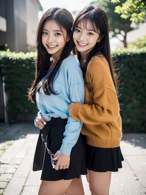 （best qualtiy：1.4），Complicated details，2 20 year old Korean girl，Wear a loose black T-shirt and skinny jeans，Stand on the grass and take pictures，hugs，Intimate relationships，Detailed meadow，A sweet smile on a small face，Ultra-realistic facial details，Playful and coquettish pose，The calves are straight and slender:1.2，Wear high-end brand sneakers:1.0，eventide：0.3，Broad lighting，naturalshadow：1.0，fully body photo:1.8