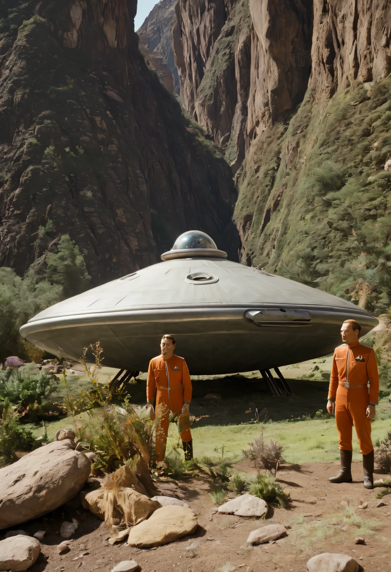 Crew of an old starship from a 1960s TV series in a rustic, planeta pitoresco, lost in space, with scenic plants and rocks, republic series, Programa de TV de Irwin Allen, Science fiction, Uniformes de acampamento coloridos estilo Star Trek e Lost in Space, retro look, vintage, estilo antigo, rostos perfeitos tipo atores dos anos de 1960, ((ROSTOS PERFEITOS)), large very colorful scenery, cogumelos gigantes, Alien plants, ((ROSTOS PERFEITOS)), include an alien in the crew, rostos melhorados, alienogen, robot, Planeta Extraterrestre, TV studio lighting, fake scenario