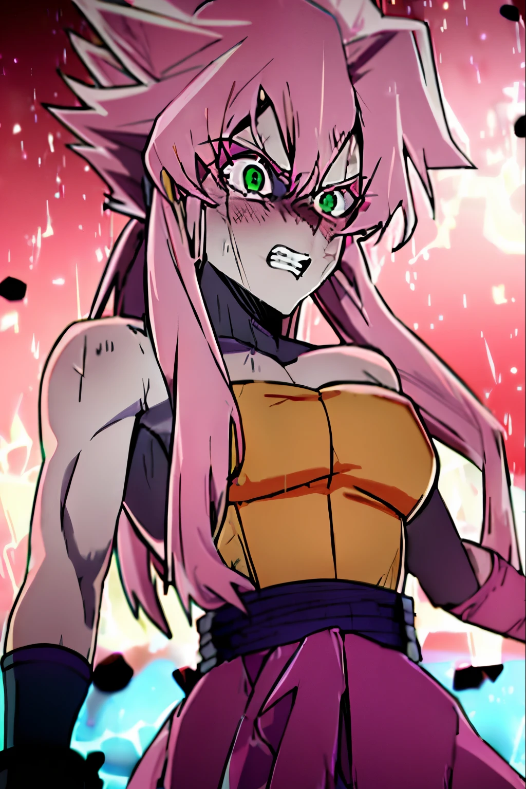 yuno_gasai, 1girl, angry, battle damage, blonde pink hair, blue sash, clenched teeth, furious, green eyes, female focus, muscular, muscular mirai nikki, pectorals, sash, solo, spiked hair, super saiyan, super saiyan 1, teeth, topless male, torn clothes, wristband, ((masterpiece)) 