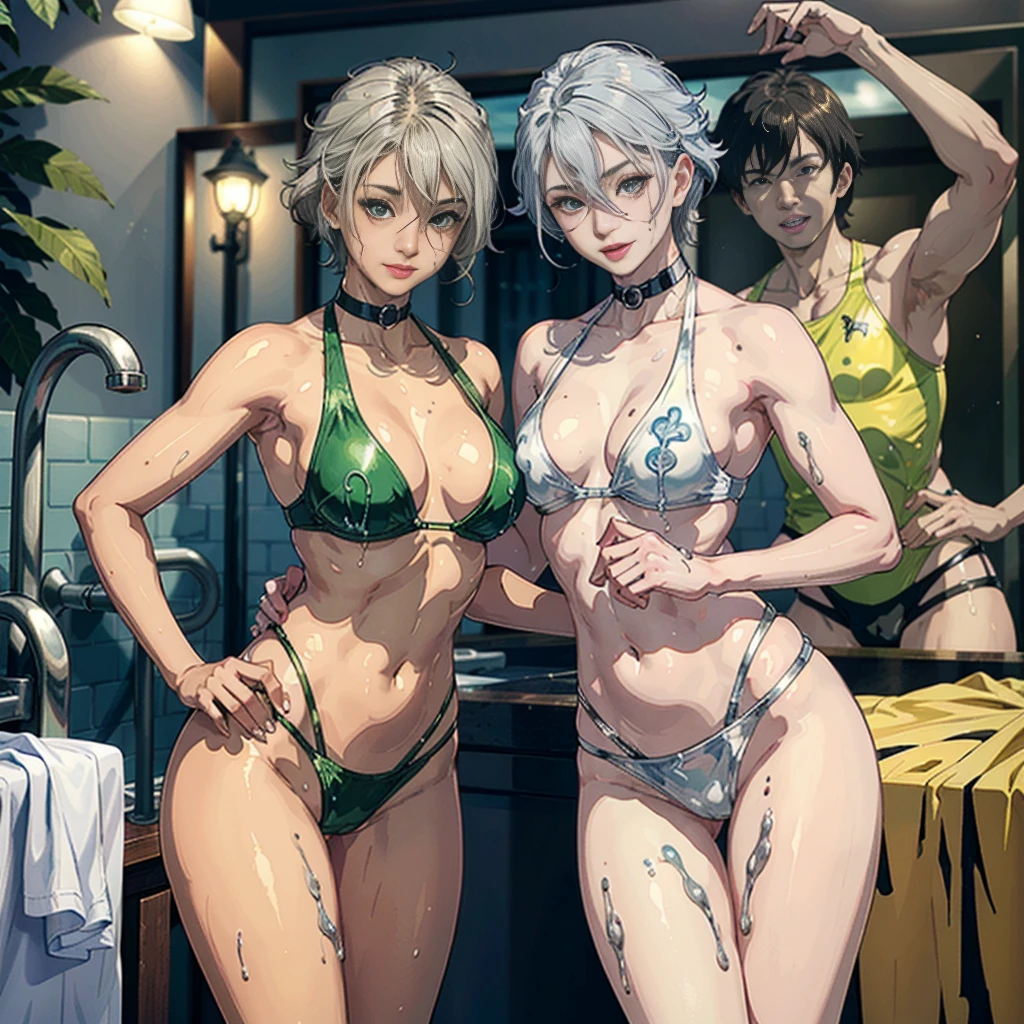 (2 mature succubus), (Transparent melting swimwear:1.4) 、(​master piece, 8K resolution, Best Quality ), (Hermaphrodite:1.9), (Erecting Futanari penis :1.8, Feminine physique:1.2、Feminine face), Sexy Pose, wet and messy hair, (high-level image quality、high-detail), In the bathroom:1.2 , silver air-mattress :1.8, Take a shower of white liquid covered all over the body, (seducting smile, Ecstatic smile and inviting to you),(Hot sweaty body)、Whole body covered with crowded white liquid , (Color variations of skin, Color variations of hair, Colors variations of eyes, Color variations of uniforms )