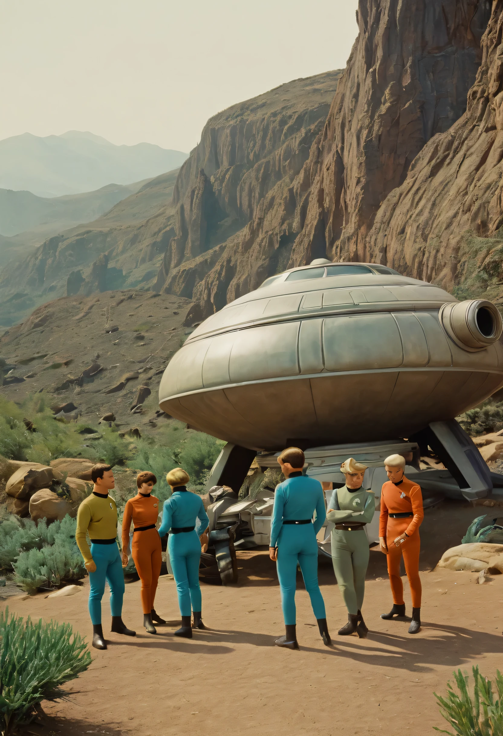 Crew of an old starship from a 1960s TV series in a rustic, planeta pitoresco, lost in space, with scenic plants and rocks, republic series, Programa de TV de Irwin Allen, Science fiction, Uniformes de acampamento coloridos estilo Star Trek e Lost in Space, retro look, vintage, estilo antigo, rostos perfeitos tipo atores dos anos de 1960, ((ROSTOS PERFEITOS)), large very colorful scenery, cogumelos gigantes, Alien plants, ((ROSTOS PERFEITOS)), include an alien in the crew, rostos melhorados, alienogen, robot, Planeta Extraterrestre, TV studio lighting, fake scenario