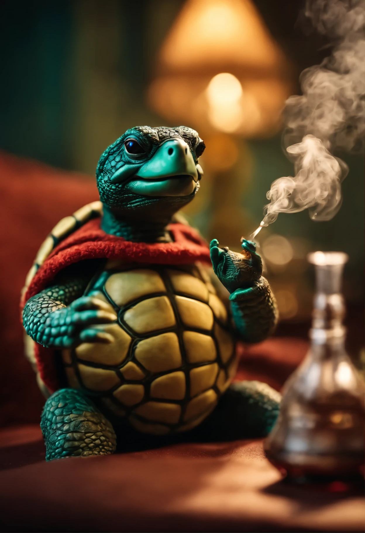 The turtle smokes a hookah and drinks kumiss
