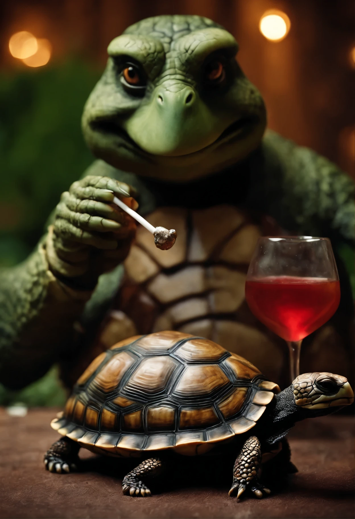 The turtle smokes a hookah and drinks kumiss