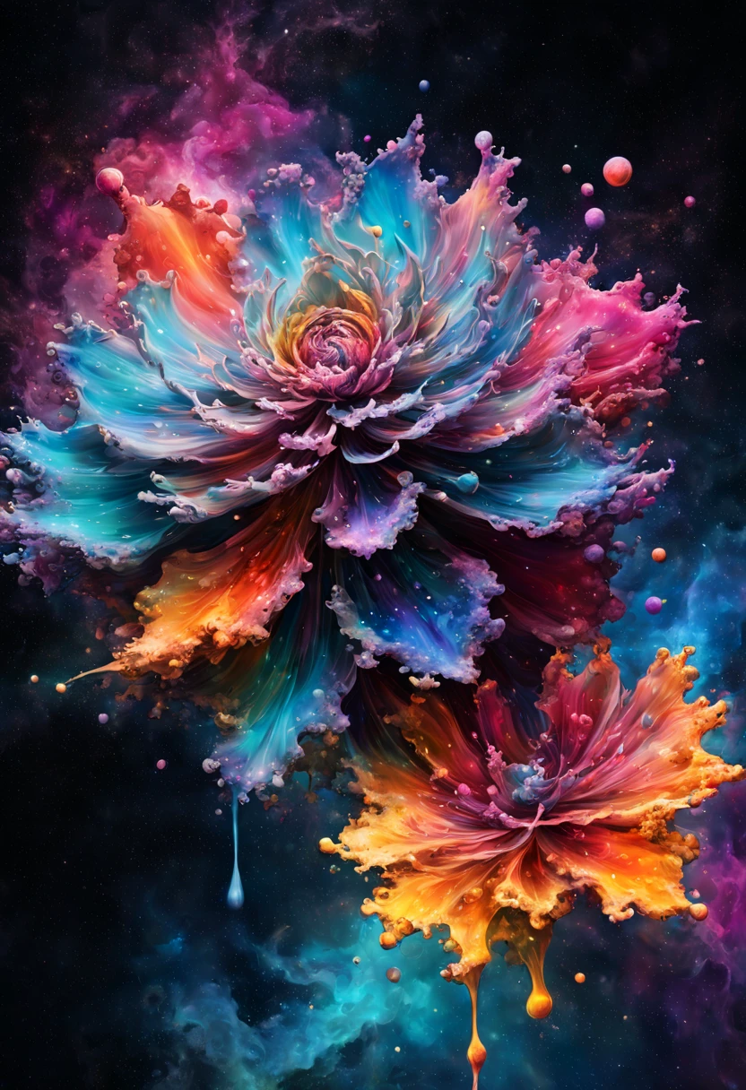 A beautiful colorful magical liquid ink splatter space flower, swirling, astral, ethereal, whimsical nebulous magellanic cloud of ink splatters. Hyperrealistic, splash art, concept art, mid shot, intricately detailed, color depth, dramatic, 2/3 face angle, side light, colorful background, colored alcohol inks