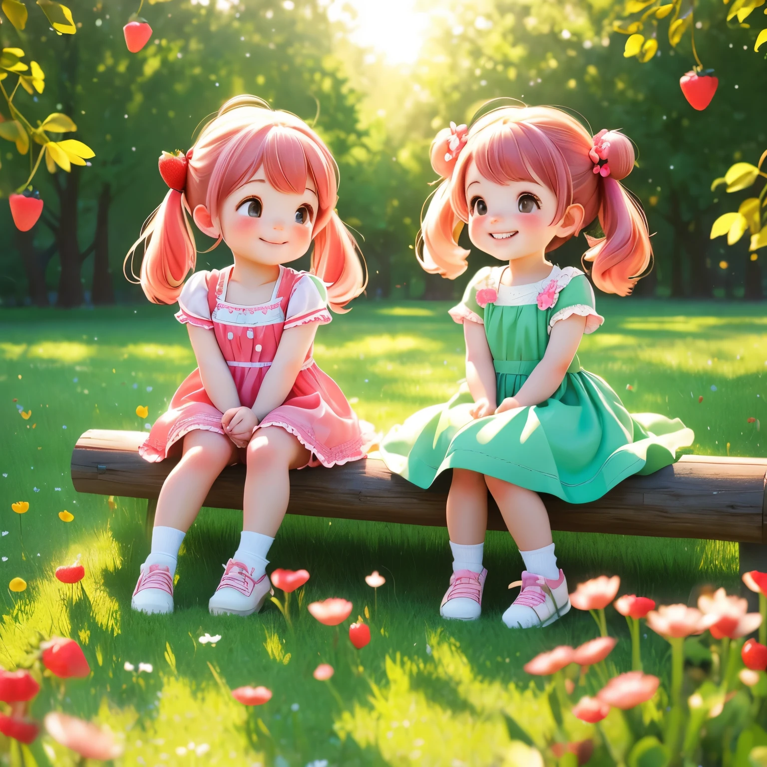(photorealistic:1.37)、octane rendering、Morning park、Strawberry dress、Girl has twin tail hairstyle and smiles、strawberries fall from the sky、Bright colors、soft sunlight、beautiful flower、green grass、playful atmosphere、peaceful environment、detailed texture、Bright colors、cute shoes with accessories、He looks happy