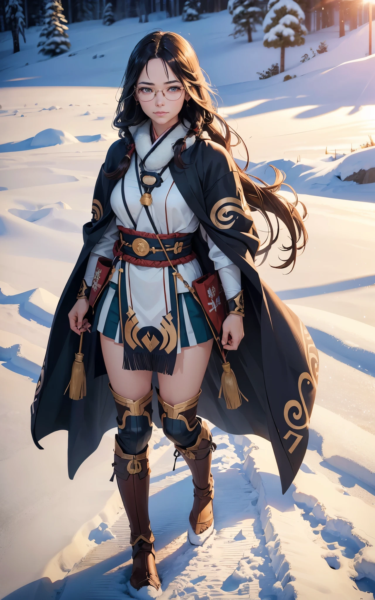 Young ainu woman with the face of (Gal Gadot:Evangeline Lilly), (looking at viewer, light smile, ), brown hair, brown eyes, long hair, hair_flying, Fluttering hair, flying_hair, ((Transparent glasses, glasses, glasses_on_nose)), ((traditional ainu clothes)), sexy, charming, stunning, enhance, delicate, (pale skin, real_skin), sunlight, Winter, snow, Hokkaido, outdoor, best quality, high quality, highres, 8k, photo realistic.
