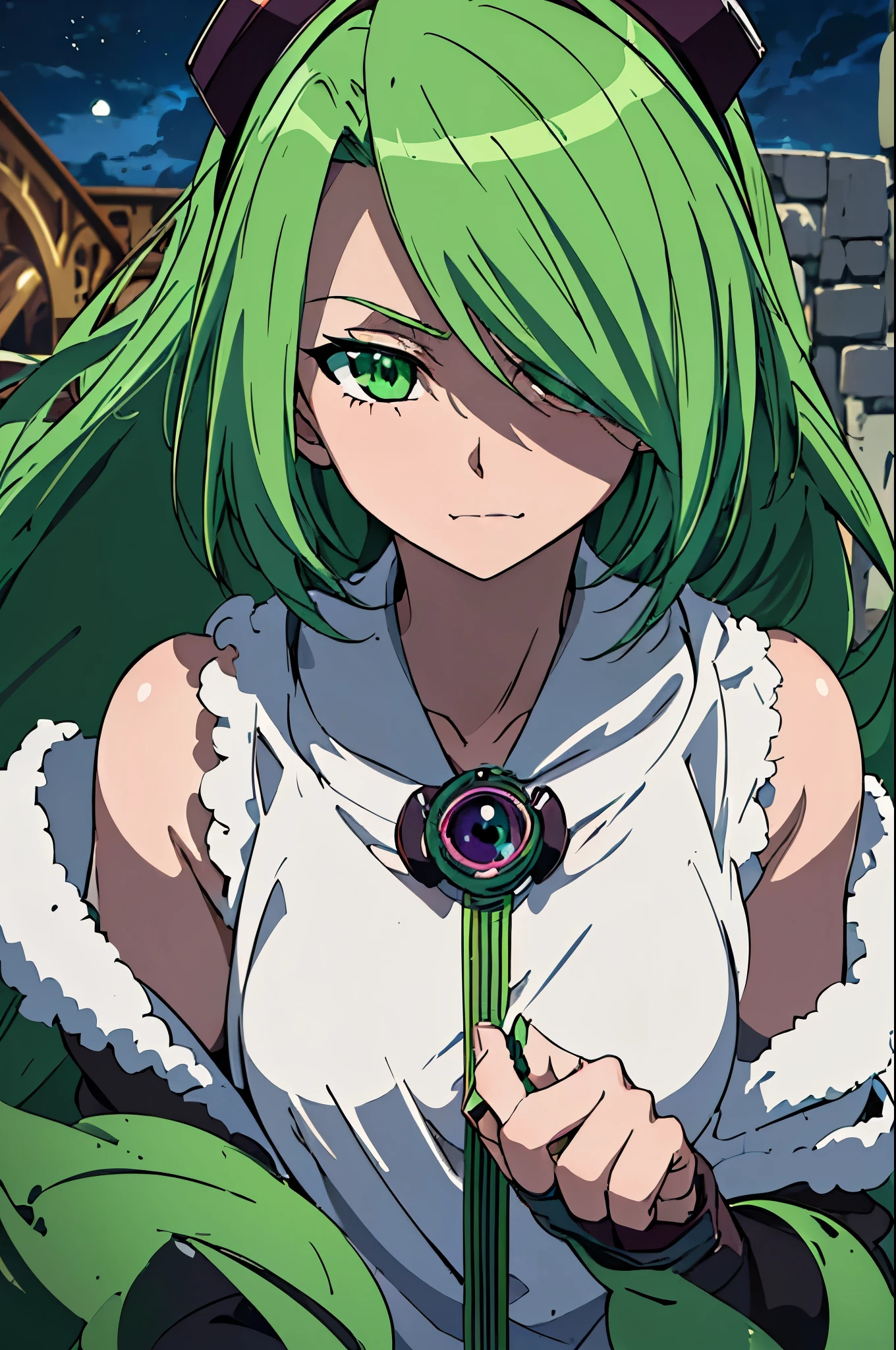 masterpiece, best quality, ((1girl)), (colorful), (finely detailed beautiful eyes and detailed face),cinematic lighting,body shot,extremely detailed CG unity 8k wallpaper, sky, cloudy_sky, building, moonlight, moon, night, (dark theme:1.3), light, fantasy, ((green Eyes)) (((green Hair))) ((Mischievous)) ((1girl))