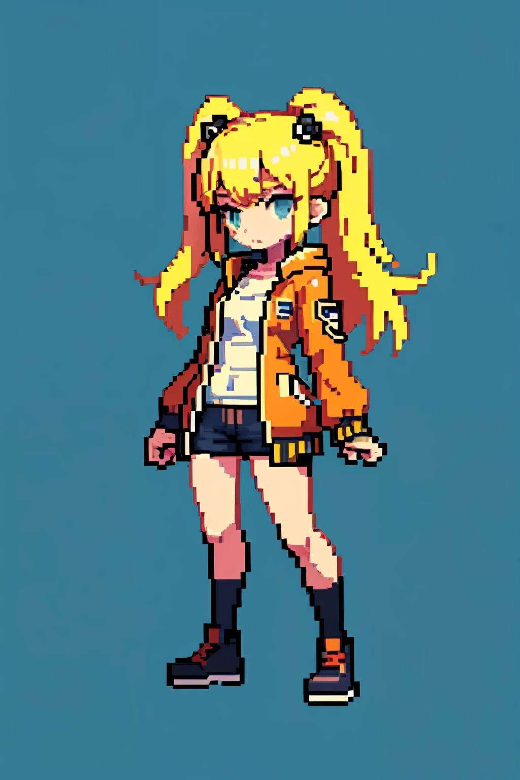 pixel, pixel art, 1girl, blonde hair,  brown hoodless jacket, body,   