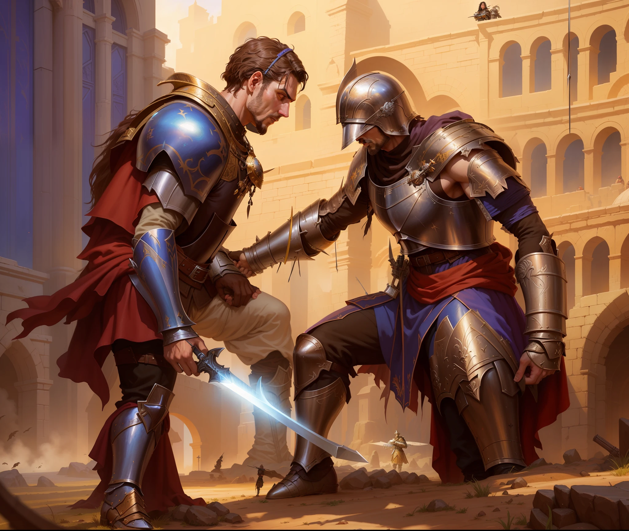 there are two men in armor standing next to each other, knights in battle, in a gladiators arena landscape, fantasy card game art, sword fight, gerald brom and vincent di fate, medieval fantasy game art, magali villeneuve', graphic artist magali villeneuve, roleplaying game art, by Artur Tarnowski, guillem h. pongiluppi
