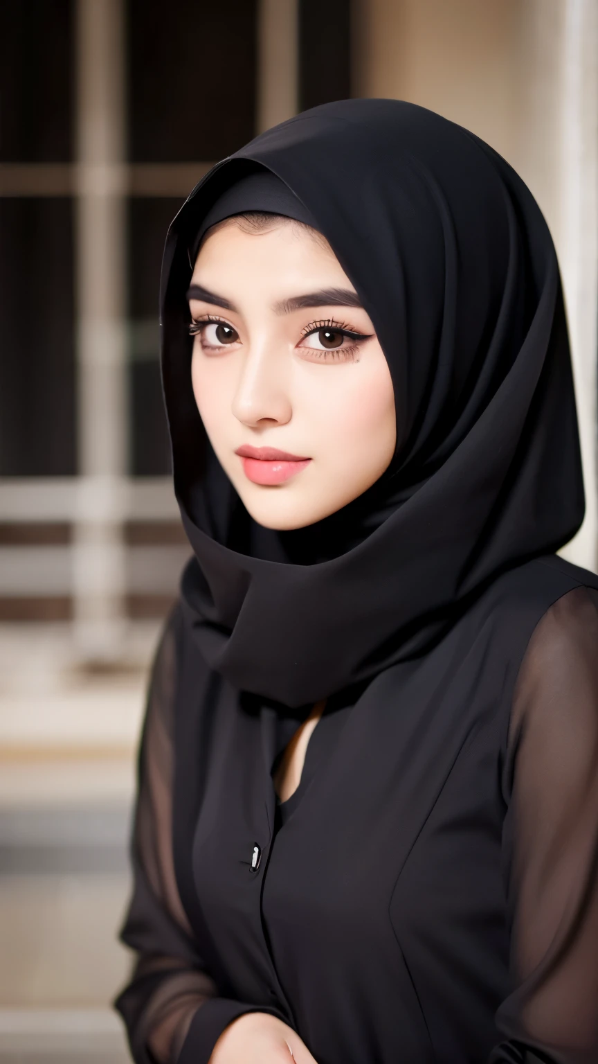 beautiful and gorgeous 20 years old syar'i hijabi girl with calm look, she has dark brown eye, big eyebrow, pretty lips, her height is 157 cm and 59kg for weight. make her wearing dark outfits!