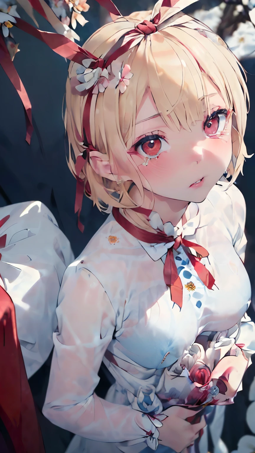 ((blonde:1.2)),(short hair:1.3),(Pale red eyes:1.4),(Eye size:1.5),((ribbon wrapping fashion:1.4)),(Background full of blooming flowers:1.5),(blush),(small breasts:1.4),(focus on face:1.3),((look up:1.25)),((fashion color White、darkBlue、red:1.3)),(beautiful eyes:1.2),(close up of face:1.3),(NSFW),((Crying and laughing:1.2))