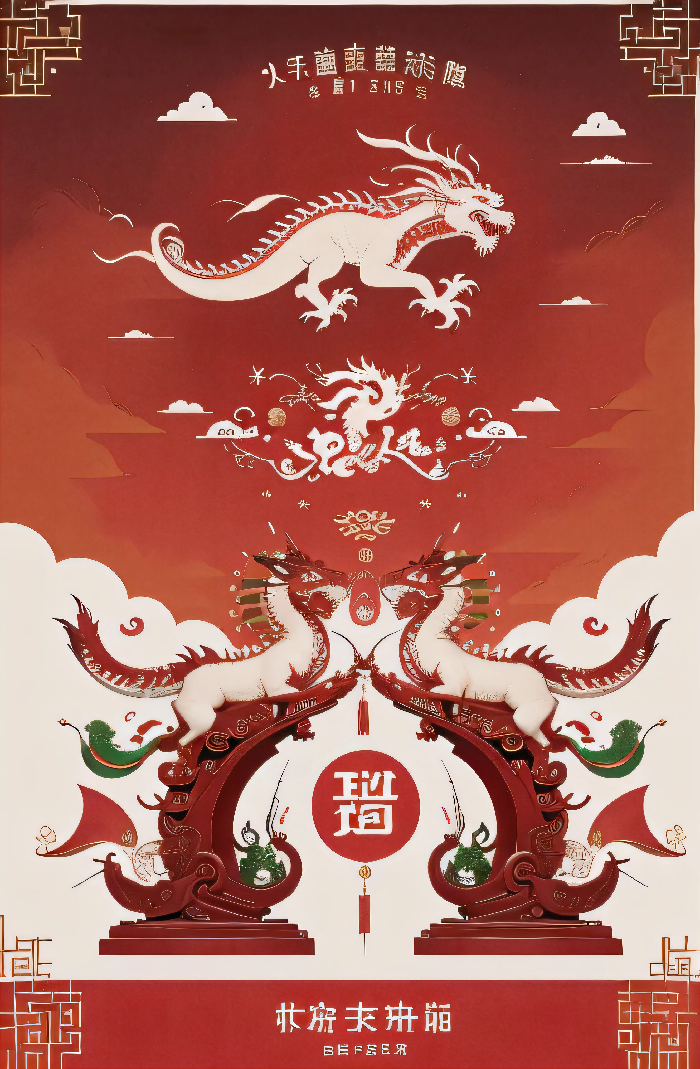 red festival, Celebrations, aircraft design, Chinese dragon, Chinese dragon squat, symmetry, festive, 新年Celebrations, Festive celebrations, Chinese cultural theme style, pastel colors, Warm color panel, Vibrant illustrations, color color, color color Murals, Minimalism-AR3: 4- -Niji5