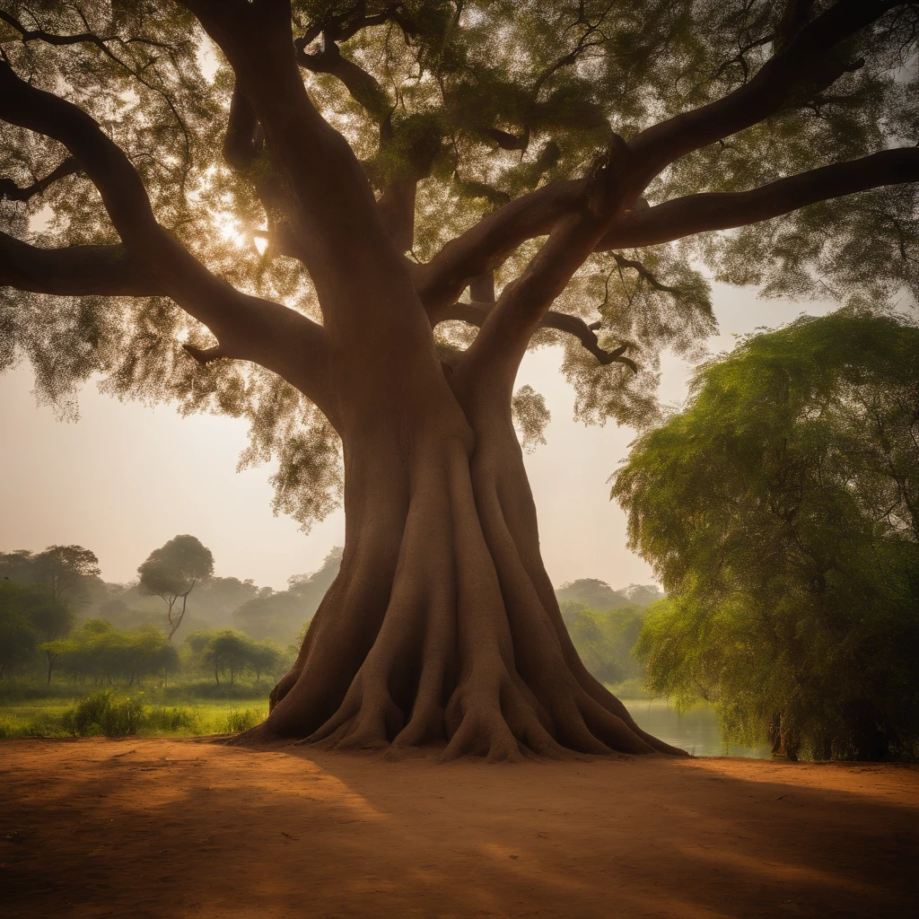 a masterpiece of landscape view, in middle of image have largest the Mahabodhi Tree (tree of awakening), The tree has beautiful, perfect leaves. natural daylight, surround natural claim and peaceful, Infront of the tree have smooth grass surface. on the bank of river, india, the Neranjara River behind in background, highly detailed, highres, kodak film. professional shot, perfect composition, wide shot 35mm.