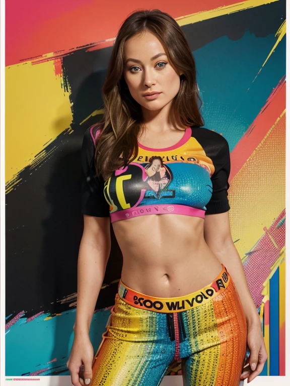 Olivia Wilde (best quality,4k,highres),popart poster,vector illustration,colorful,1girl as bbardot with dark eye makeup,wearing midriff top and pants,vibrant colors, perfect anatomy, art style of popart,sharp focus.