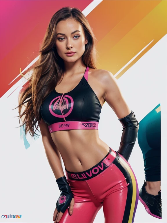 Olivia Wilde (best quality,4k,highres),popart poster,vector illustration,colorful,1girl as bbardot with dark eye makeup,wearing midriff top and pants,vibrant colors, perfect anatomy, art style of popart,sharp focus.