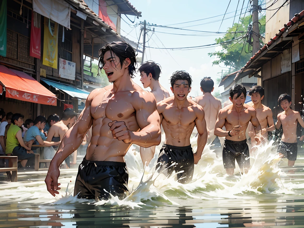 Many men splash water on Songkran Day in Thailand..