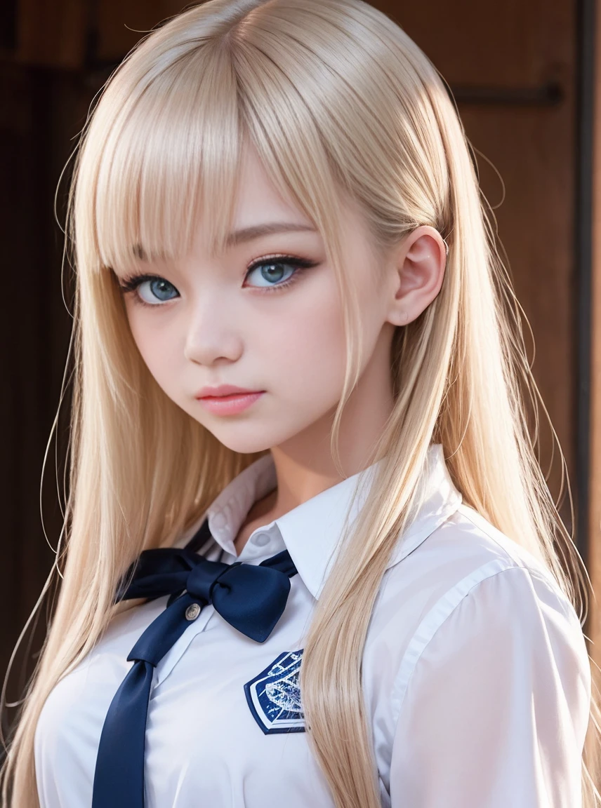 Bangs falling in front of both eyes、Very beautiful Eastern European 18 year old Caucasian beautiful girl、a hiny white young beautiful skin、Sexy and very beautiful good looks、Very cute face with ultimate beauty、Super long platinum blonde hair、Sleek super long straight hair、Blue eyes、Big eyes with shining transparency、二重まぶた、eye line、School Uniforms、Grown bust