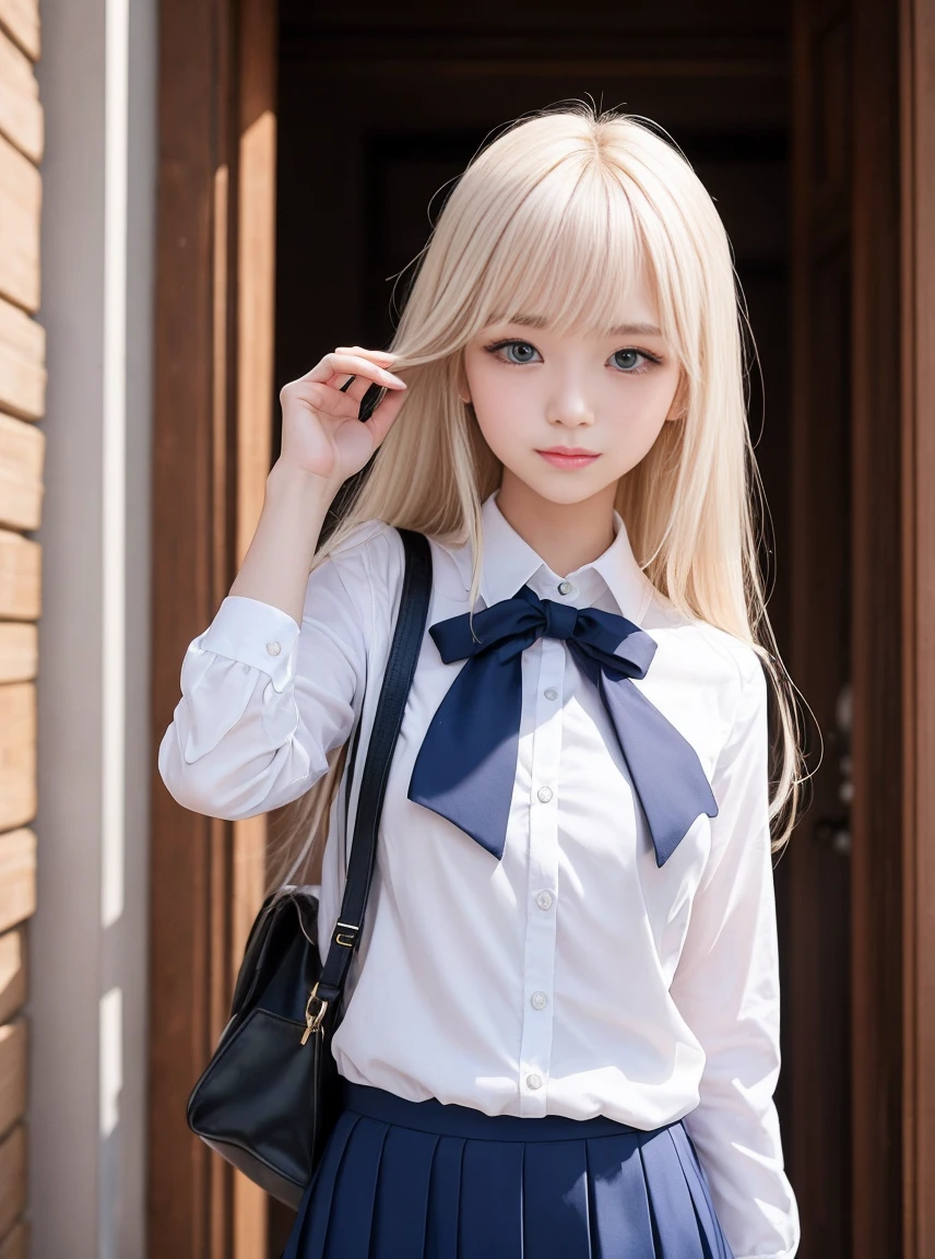Bangs falling in front of both eyes、Very beautiful Eastern European 18 year old Caucasian beautiful girl、a hiny white young beautiful skin、Sexy and very beautiful good looks、Very cute face with ultimate beauty、Super long platinum blonde hair、Sleek super long straight hair、Blue eyes、Big eyes with shining transparency、二重まぶた、eye line、School Uniforms、Grown bust