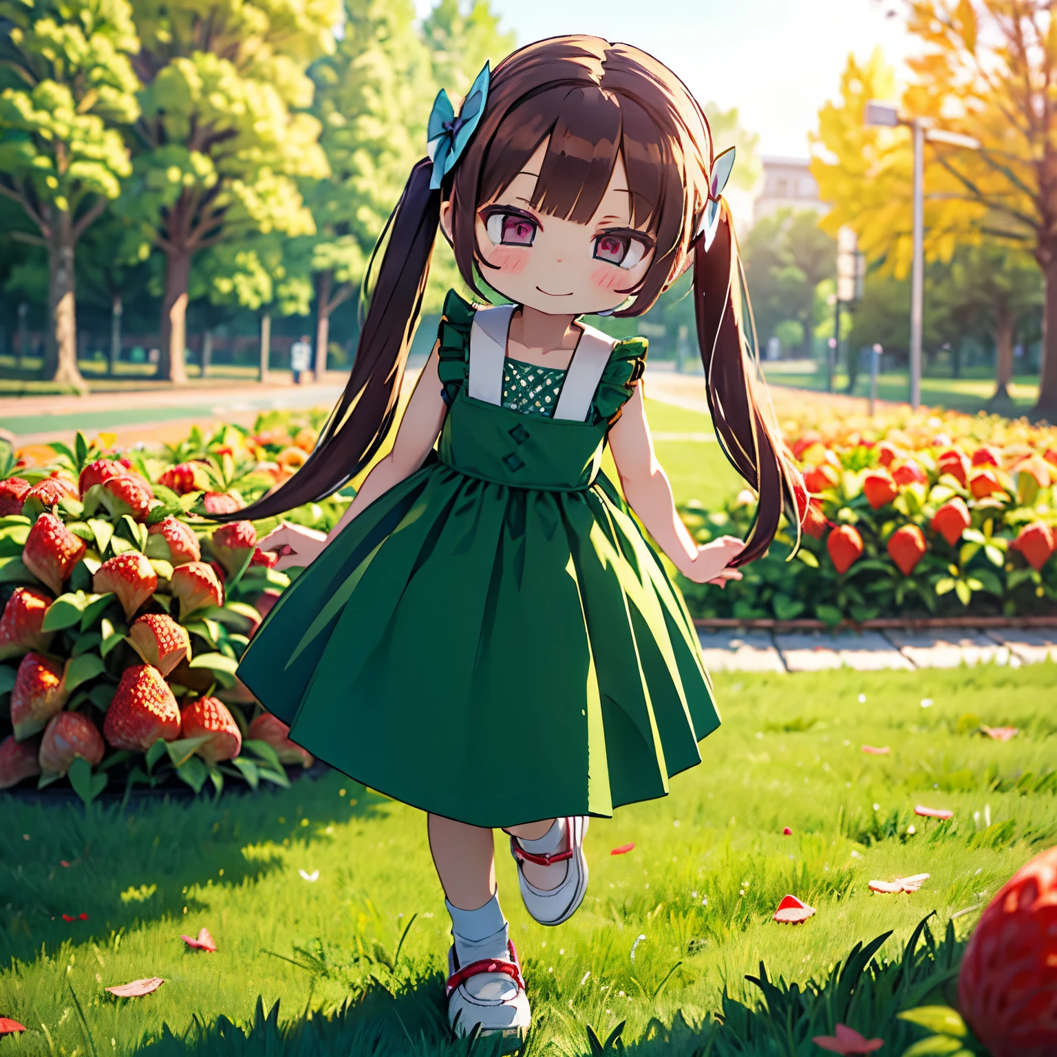 (photorealistic:1.37)、octane rendering、Morning park、Strawberry dress、Girl has twin tail hairstyle and smiles、strawberries fall from the sky、Bright colors、soft sunlight、beautiful flower、green grass、playful atmosphere、peaceful environment、detailed texture、Bright colors、cute shoes with accessories、He looks happy