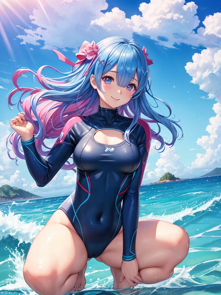 sunlight, masterpiece, highest quality, Detailed CG image quality, ((1 girl)),Rem,Re:zero,blue hair,short hair, alone, smile, pink lipstick, red cheeks,high waves, Blue sea with high waves, The best blue sky, White cloud,surfboard((Get on top)), (big chest), (Wetsuits), ((hard erected )), light perm hair, hair blowing in the wind, splash water, detailed face, fine eyes, whole body angle, High quality water, super settings, Sexy Model Pose, ((squatting position)), ((Angle from inseam 10 cm)), Active,