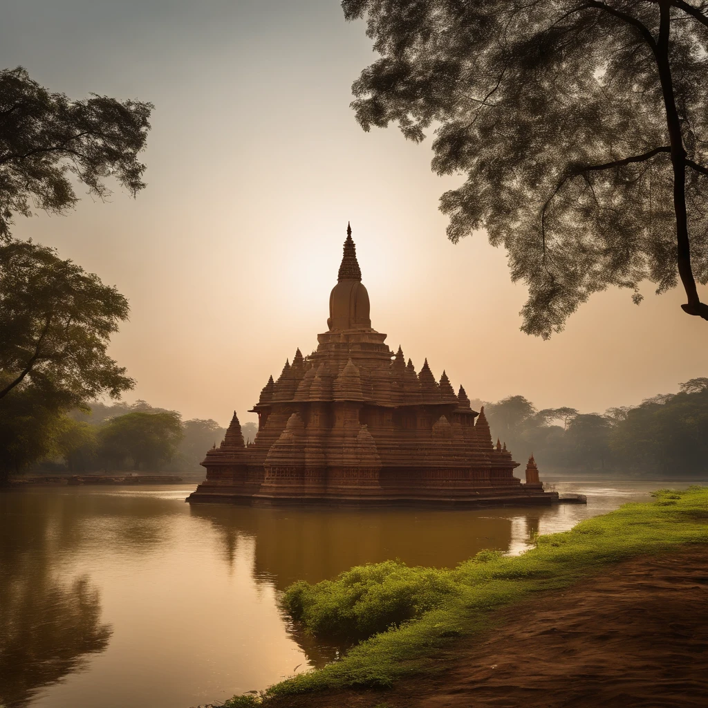 a masterpiece of landscape view, in middle of image have very largest the Mahabodhi Tree (tree of awakening) stand alone, The tree has beautiful, perfect leaves. natural daylight, surround natural claim and peaceful, Infront of the tree have smooth grass surface. on the bank of river, india, the Neranjara River behind in background, highly detailed, highres, kodak film. professional shot, perfect composition, widely shot.