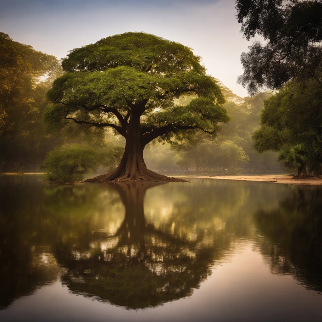a masterpiece of landscape view, in middle of image have very largest the Mahabodhi Tree (tree of awakening) stand alone, The tree has beautiful, perfect leaves. natural daylight, surround natural claim and peaceful, Infront of the tree have smooth grass surface. on the bank of river, india, the Neranjara River behind in background, highly detailed, highres, kodak film. professional shot, perfect composition, widely shot.