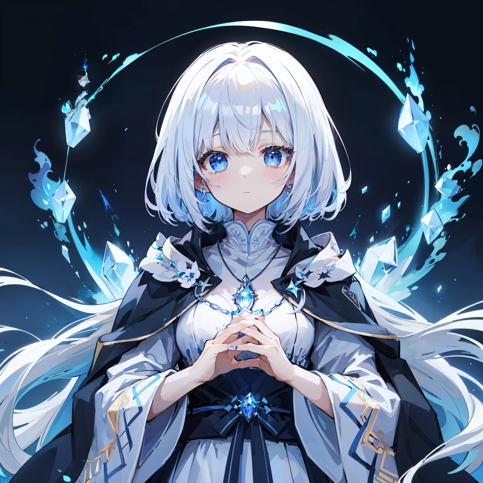 A night with blue flames. Darkness with impressive blue flames. woman wearing white wizard robe. she has a beautiful face and bright blue eyes. blue magical flames are visible around her. Detail view. bright colors. High resolution.magic wand、white hair、blue eyes、blue gemstone necklace