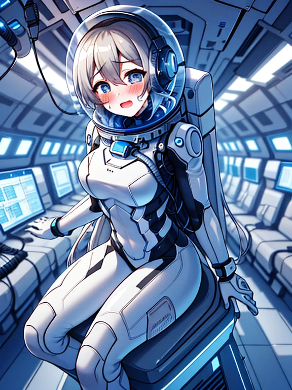 (Equestrian machine):1.3、straddle the horse riding machine、Tubes and cables、holds the smartphone in her hand、(Interior of white cyberpunk futuristic space station)、1 girl、solo、full body painting、chest、Sweat、tears、heart-shaped pupil、Ahegao、Steamed body、(Futuristic white latex bodysuit spacesuit):1.1,headphone、V arm、(blush:1.3),(bing astronaut)