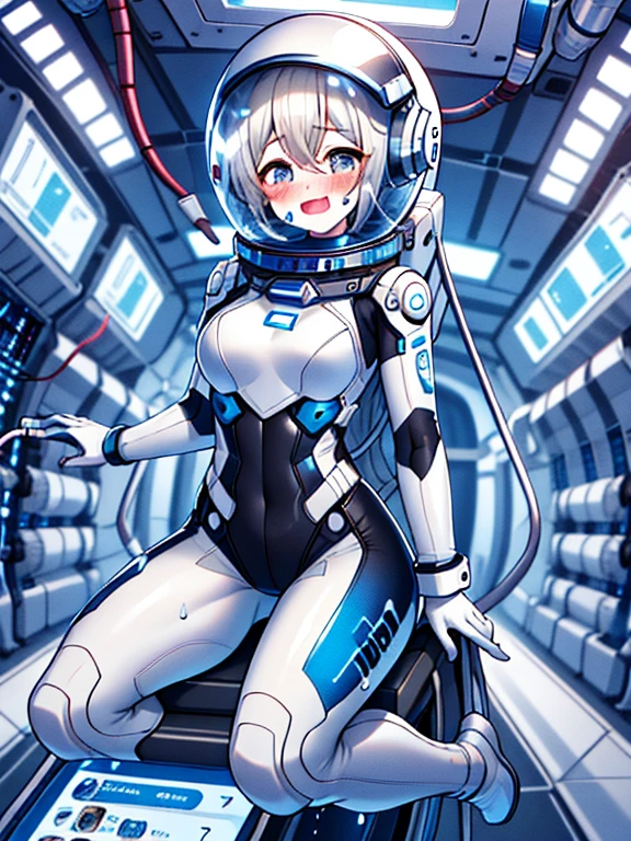 （Equestrian machine):1.3、straddle the horse riding machine、Tubes and cables、holds the smartphone in her hand、(Interior of white cyberpunk futuristic space station)、1 girl、solo、full body painting、chest、Sweat、tears、heart-shaped pupil、Ahegao、Steamed body、(Futuristic white latex bodysuit spacesuit):1.1,headphone、V arm、(blush:1.3),(bing astronaut)