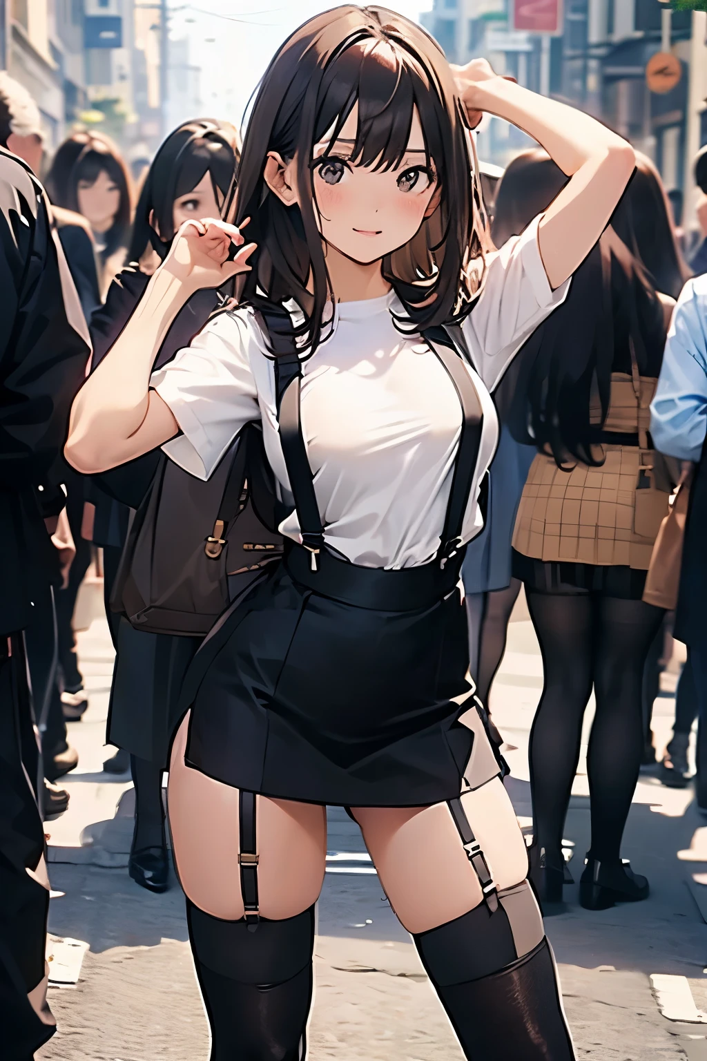brown hair、looking at the viewer　　suspenders　　　Bulging big breasts　　 　 　　　　Black miniskirt　garter belt　knee high socks　　　　　　Gaze　　　small face　bangs 　　　　　Beauty　　hands up　　 　Gaze 　black boots 　provocation　　armpit sweat　one person 　　put your hands behind your back　cutter shirt　　Panty shot