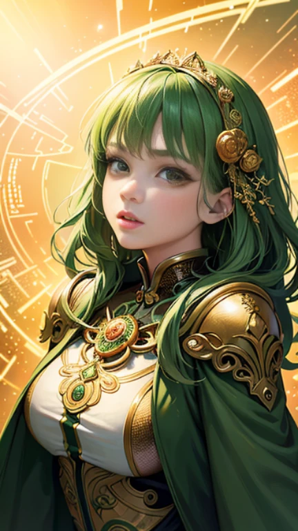 (Masterpiece, Highest quality, best quality, official art, beautiful and beautiful:1.2), (1 girl), very detailed, (fractal art:1.3), colorful, Maximum details, perfect face, upper body, HDR, (pray:1.3), (Green coat with gold lines:1.2), galaxy, (There are lines of light.), Featured images, (dynamic lines, Glow Path:1.2), bright colors,