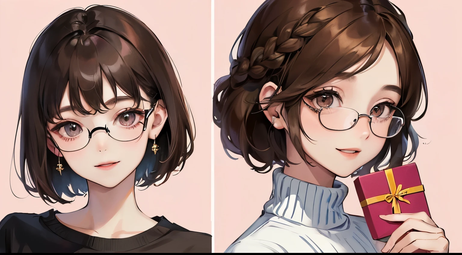 (((1 woman)))、(highest resolution、clear_image)、 ((Have a gift box))、((Upper body diagram))、best quality、((short hair)),(((smile)))、contrast of light and shadow、very detailed、Semi-realistic、(brown hair、Glasses、Braided hairstyle、long bangs、20-year-old、young、), ((sweater))、((View from the front))、delicate facial features facial features、Light pink background、