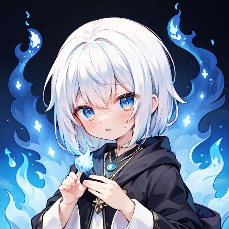 A night with blue flames. Darkness with impressive blue flames. woman wearing white wizard robe. she has a beautiful face and bright blue eyes. 青いMagic Flameが彼女の周りで見えています. Detail view. bright colors. High resolution.magic wand、white hair、blue eyes、blue gemstone necklace、whole body、Wearing a Blue Flame、Magic Flame、Blue flame overflowing from your hands