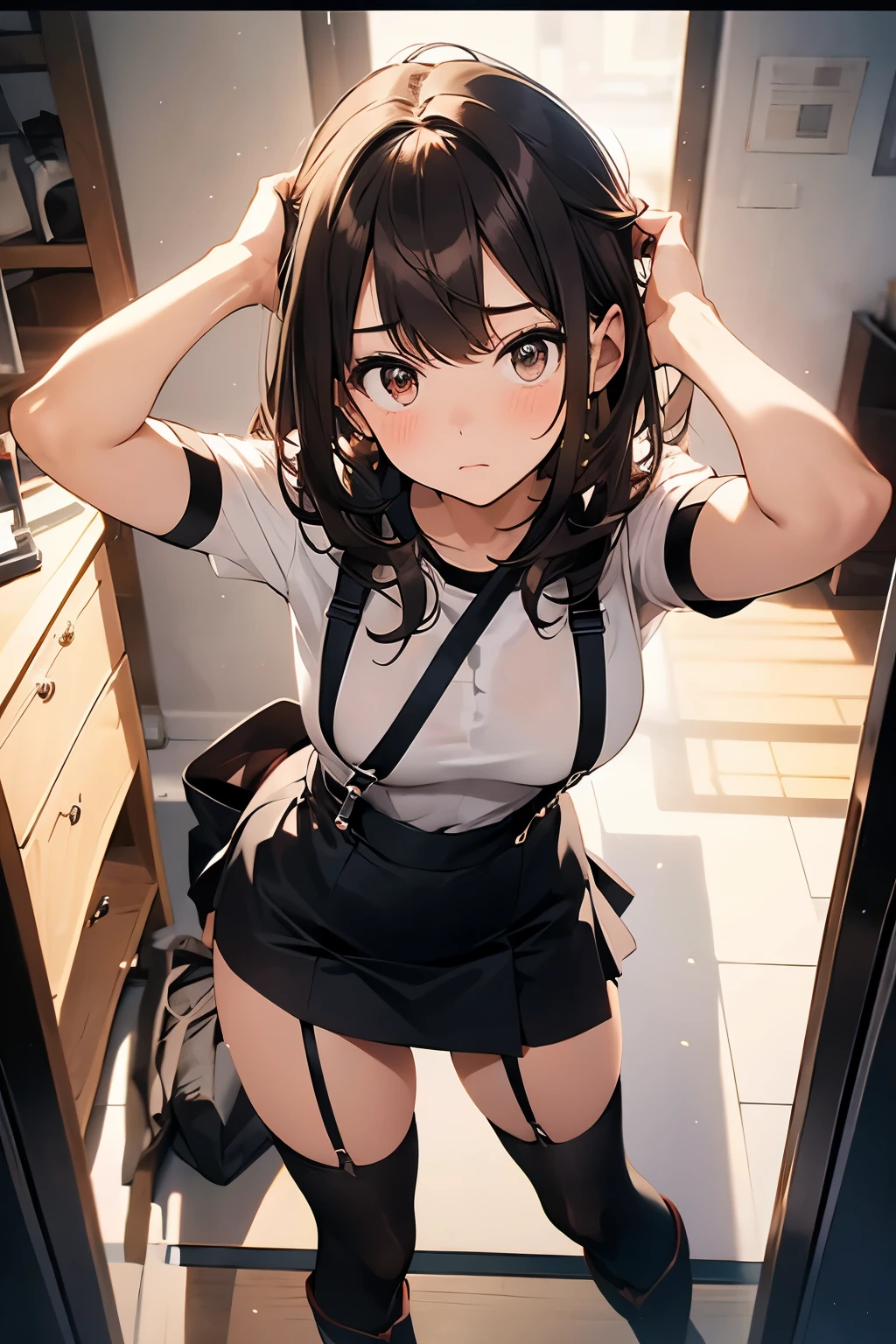 brown hair、looking at the viewer　　suspenders　　　Bulging big breasts　　 　 　　　　Black miniskirt　garter belt　knee high socks　　　　　　Gaze　　　small face　bangs 　　　　　Beauty　　hands up　　 　Gaze 　black boots 　provocation　　armpit sweat　one person 　　put your hands behind your back　cutter shirt　　Panty shot