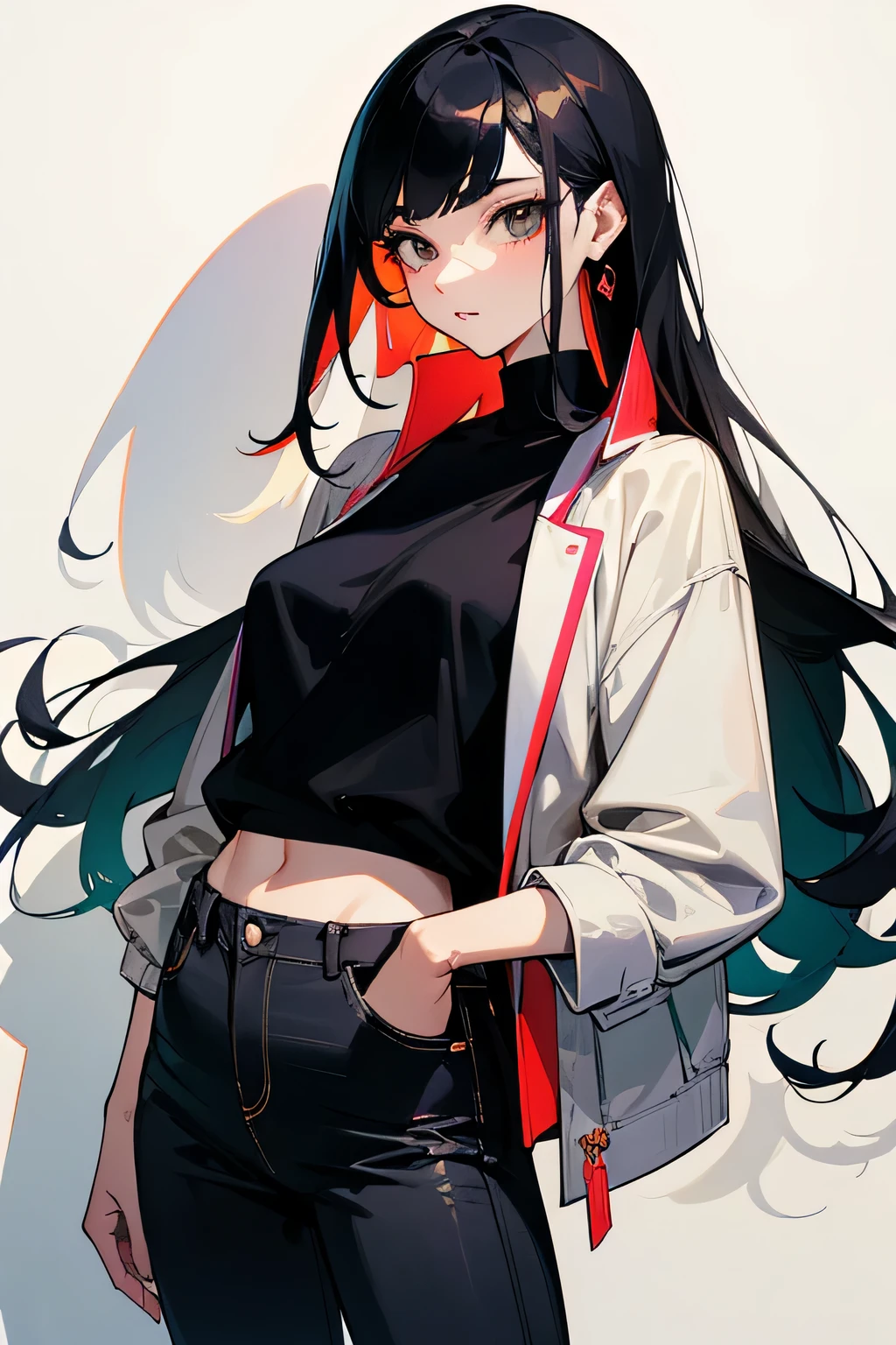 masterpiece,asakura_tiger masterpiece, highest quality, Super detailed, High resolution, (Ink painting style), excellent anatomy, 1 beautiful woman, long black hair, very colorful, pop feel, summer image, summer night side, Very sophisticated, wearing a colorful jacket, Black jeans, tall model body shape, a noble dream, Mysterious, cool beauty, realism, very detailed芸術の芽, casual clothes, sharp outline, perfect angle, perfect composition, Perfect subject, best shot, very stylish, Snazzy, ((cowboy shot:1.1)), best light, best shadow, perfect face, very detailed,c,blue flower