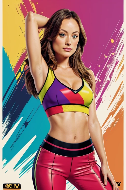 Olivia Wilde (best quality,4k,highres),popart poster,vector illustration,colorful,1girl as bbardot with dark eye makeup,wearing midriff top and pants,vibrant colors, perfect anatomy, art style of popart,sharp focus.