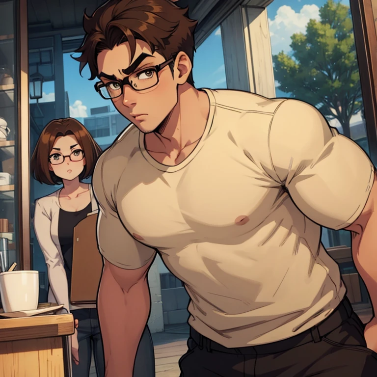 brown hair, light skin, 1 boy, man, average physique, short hair, beige eyes, short eyebrows, very short eyebrows, thick eyebrows, casual clothing, glasses, young, anime