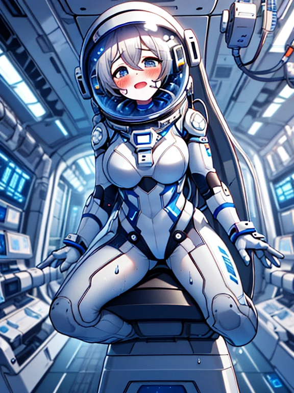 （Equestrian machine):1.3、straddle the horse riding machine、Tubes and cables、holds the smartphone in her hand、(Interior of white cyberpunk futuristic space station)、1 girl、solo、full body painting、chest、Sweat、tears、heart-shaped pupil、Ahegao、Steamed body、(Futuristic white latex bodysuit spacesuit):1.1,headphone、V arm、(blush:1.3),(bing astronaut)