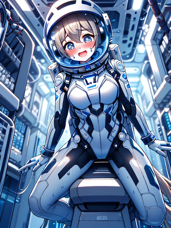 (Equestrian machine):1.3、straddle the horse riding machine、Tubes and cables、holds the smartphone in her hand、(Interior of white cyberpunk futuristic space station)、1 girl、solo、full body painting、chest、Sweat、tears、heart-shaped pupil、Ahegao、Steamed body、(Futuristic white latex bodysuit spacesuit):1.1,headphone、V arm、(blush:1.3),(bing astronaut)