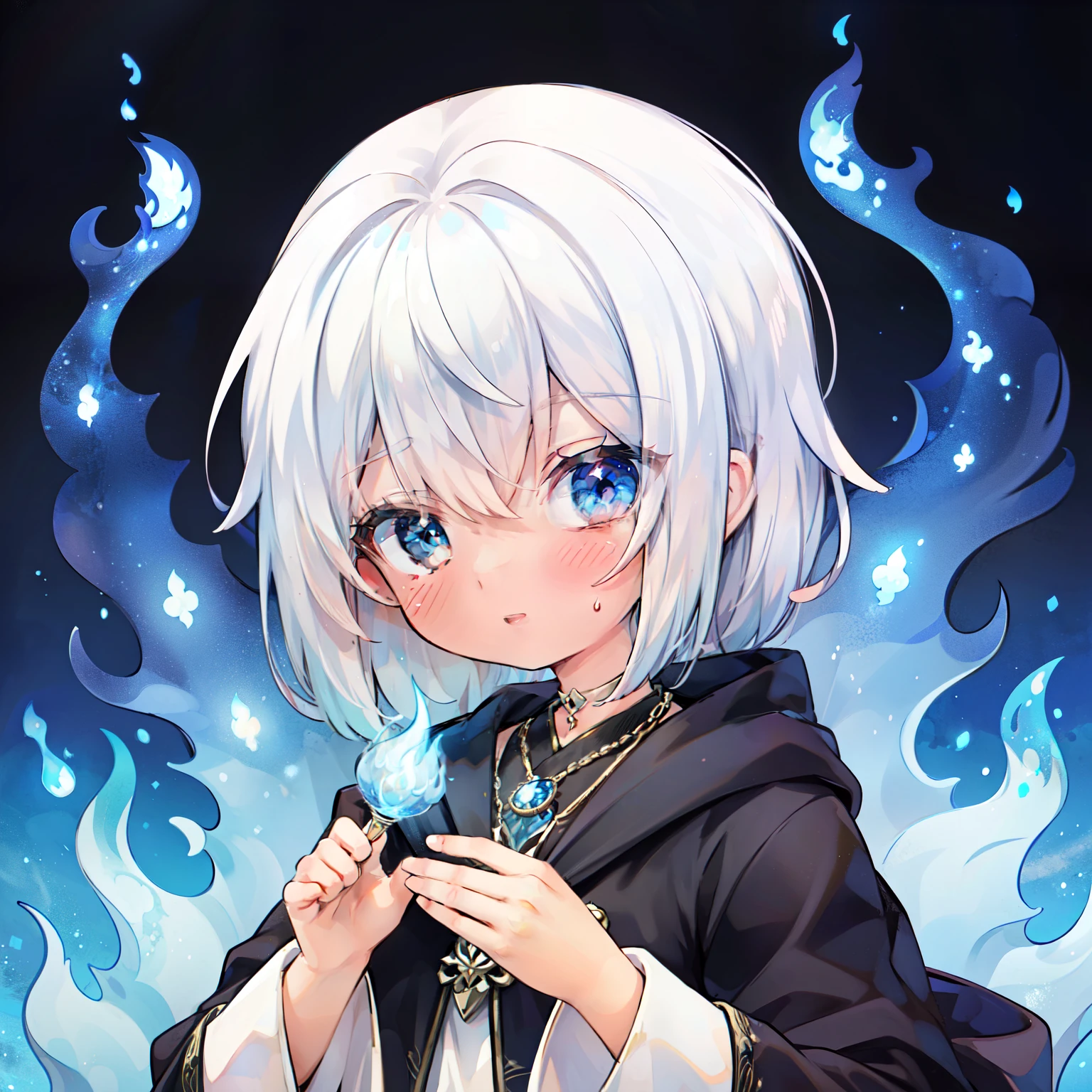A night with blue flames. Darkness with impressive blue flames. woman wearing white wizard robe. she has a beautiful face and bright blue eyes. 青いMagic Flameが彼女の周りで見えています. Detail view. bright colors. High resolution.magic wand、white hair、blue eyes、blue gemstone necklace、whole body、Wearing a Blue Flame、Magic Flame、Blue flame overflowing from your hands