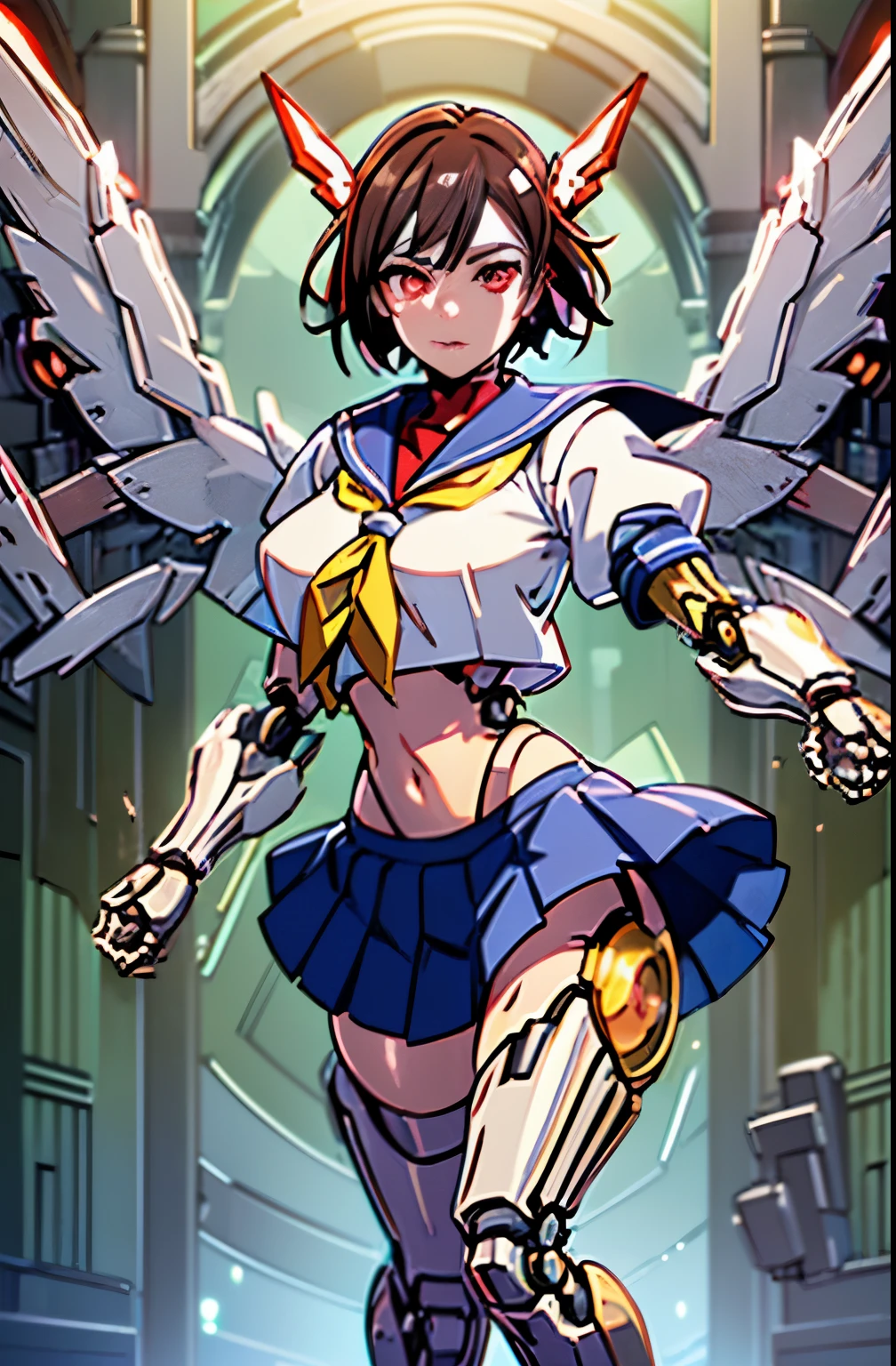 1girl solo,Standing depiction、(Large symmetrical mechanical wings:1.6)、((kasugano sakura:1.3))、(Symmetrical mechanical headgear:1.6)、Beauty Cyborg, Cyborg - beautiful woman with brown short bob hair perfect anime cyborg woman, cute cyborg beauty, beautiful cyborg beauty, cyborg girl, (Perfect android beauty), (perfect cyborg woman), (Cyborg - Girl), (beautiful female cyborg)、 beautiful white girl cyborg, beautiful female android, Beautiful and attractive female cyborg、walk、full body description、(Mechanical sailor suit:1.5)、(mechanical ruffle skirt:1.5)、((Combat readiness))、(Glowing red mechanical eyes:1.9), brown hair, short hair, bangs, Ahoge,(head band), ((Gray uniform:1.4)), puffy sleeves, crop top, yellow neckerchief, ((gray skirt:1.4)), fingerless gloves, thighs thighs thighs, white socks, red footwear,Expressionless、(table top, highest qualityの, highest quality, beautiful and aesthetic: 1.2), very detailed, more detailed,Proper body proportions,table top,Super high quality output image,High resolution,intricate details,very delicate and beautiful hair,realistic pictures,dream-like,professional lighting,realistic shadow,focus only,Anime one、finding stance, punching, finding,raise one leg、cel anime