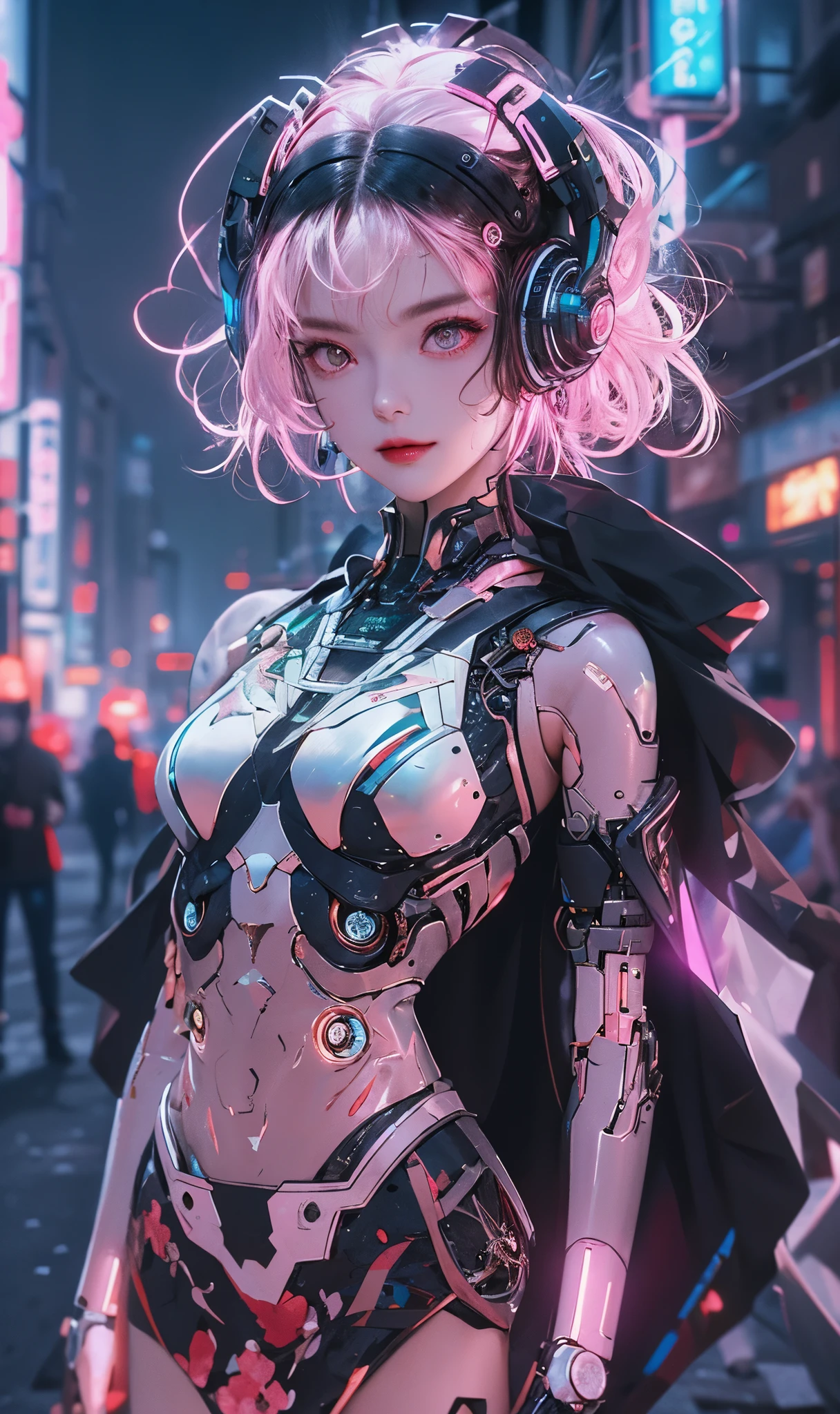 1 girl, Japanese, metallic black titanium and pink, cyberhan, China dress, cyber punk city, dynamic pose, detailed luminescent headphones, luminous hair accessories, long hair, glowing earrings, glowing necklace, cyber punk, high tech city, full of mechanical and futuristic elements, futuristic, technology, shining neon, pink, pink light, sexy skirt, translucent black cape, laser lights, digital background urban sky, big moon, with vehicle, 最high quality, masterpiece, 8K, character edge light, Ultra high definition, high quality, The most beautiful women of mankind, smile, The face is facing forward.、It is symmetrical, earrings, long antenna glow, Beautiful pupils, light effect, visual data, silver-red-orange hair dyed hair, Super detailed facial texture, Happy, weapon system, crowded street passers-by, Mecha style, Overhead light-emitting antenna, Backjet, girl sitting