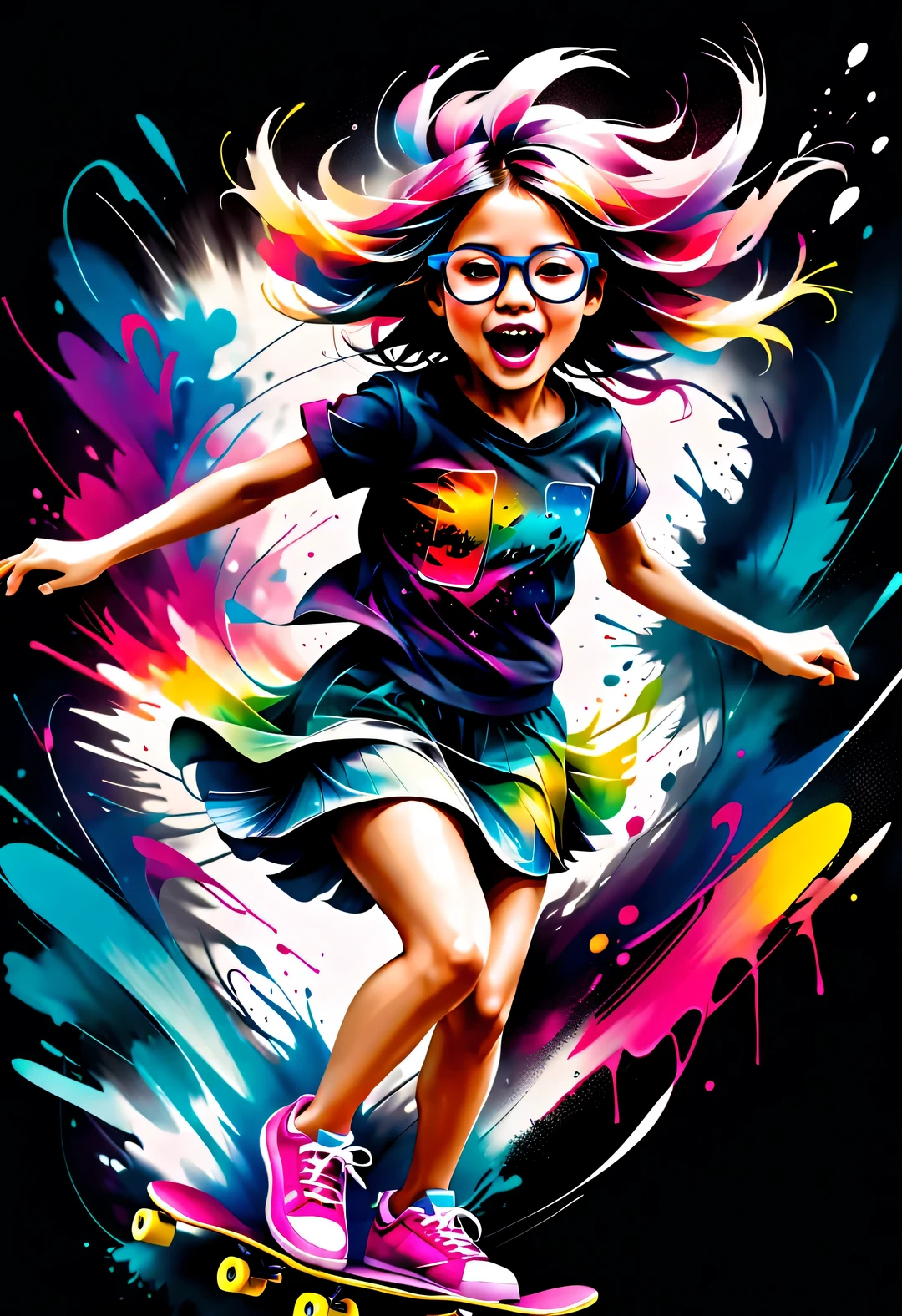 scribble art,ink splatter,wilderness,splash ink painting,abstract,colorful,Vague dreams,Dynamic energy,publish creation,visual impact,modern aesthetic,Elegant and simple,Contemporary interpretation,be bold,black background,grunge style splash, A piece of clothing, (running, sweaty, Crazy little girl happily sprinting on skateboard: 1.2), Sprinting action, (Open your mouth wide), (Backpack), (Carrying many official documents and glasses: 1.3), Hip hop fashion design style,,The moment when ink splatters,Stir up huge colorful waves,Gorgeous