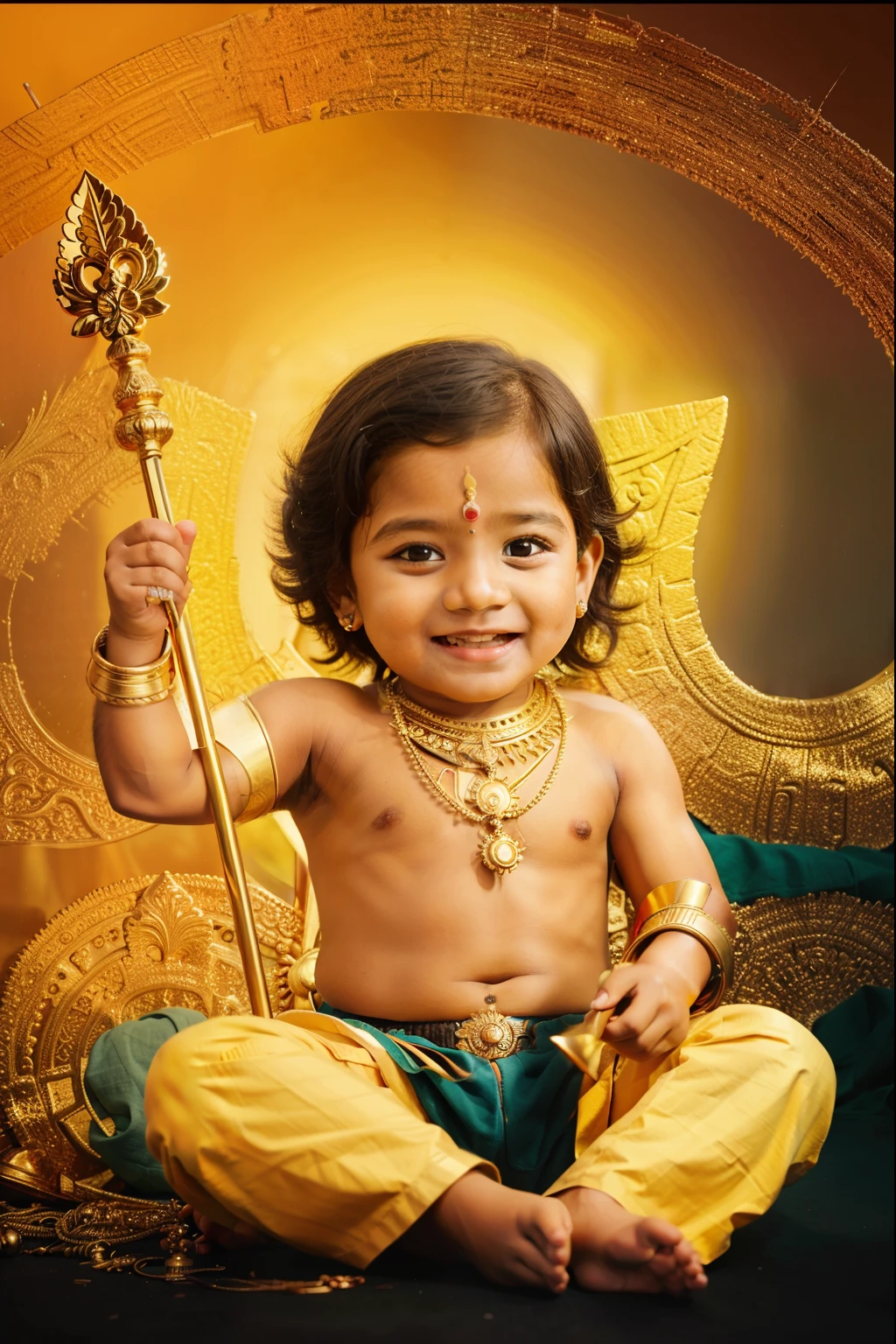 a baby sitting on the ground with a spear in his hand, by Thota Vaikuntham, indian god, beautiful gold saint, vishnu, inspired by Thota Vaikuntham, godness, lord, profile pic, fanart, cute boy, edited, photoshopped, 😃😀😄☺🙃😉😗, cute beautiful, young goddess, trending ,, super, beautiful cute